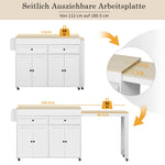 Kitchen Island, Extendable with Worktop & Drawers, Mobile, White+Natural