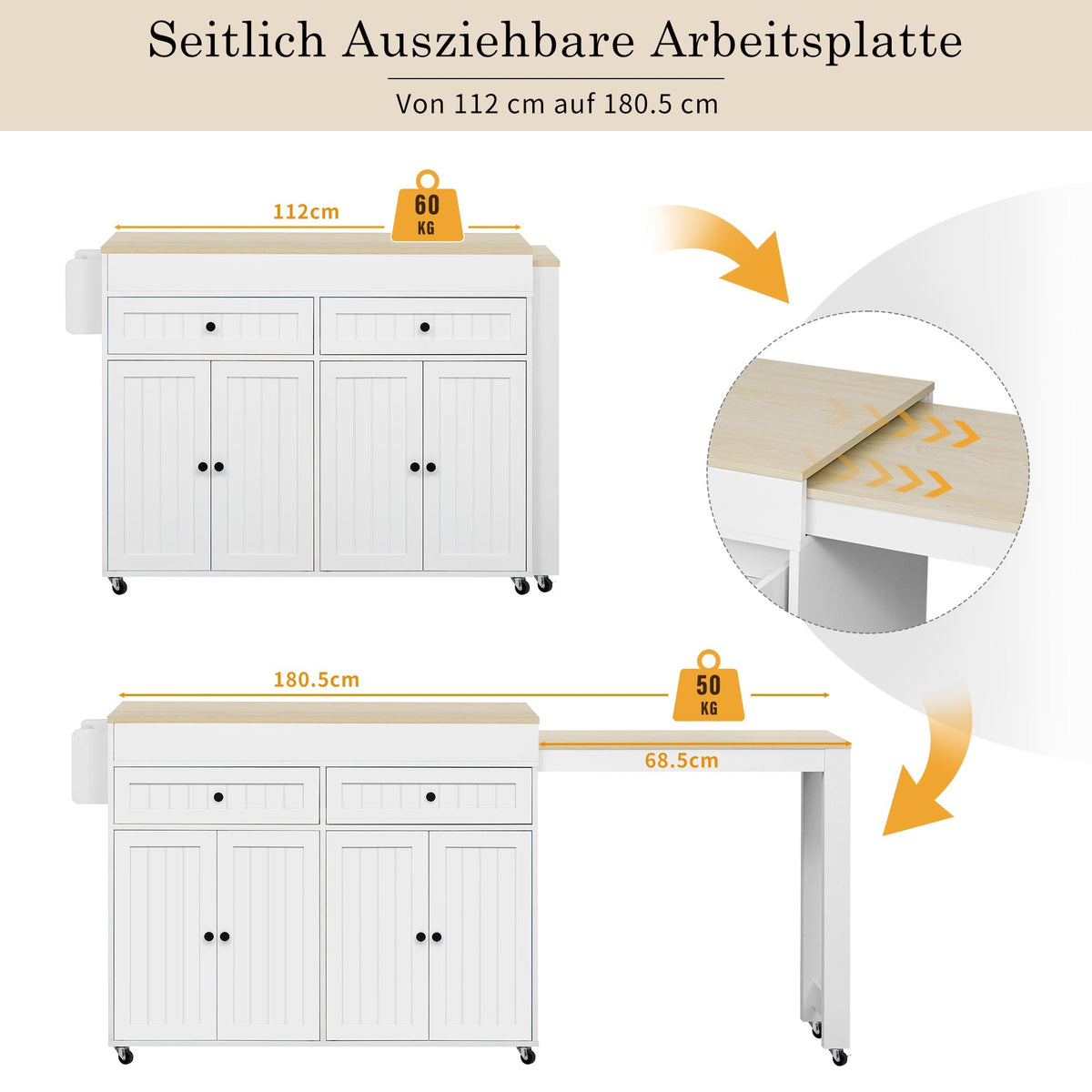 Kitchen Island, Extendable with Worktop & Drawers, Mobile, White+Natural