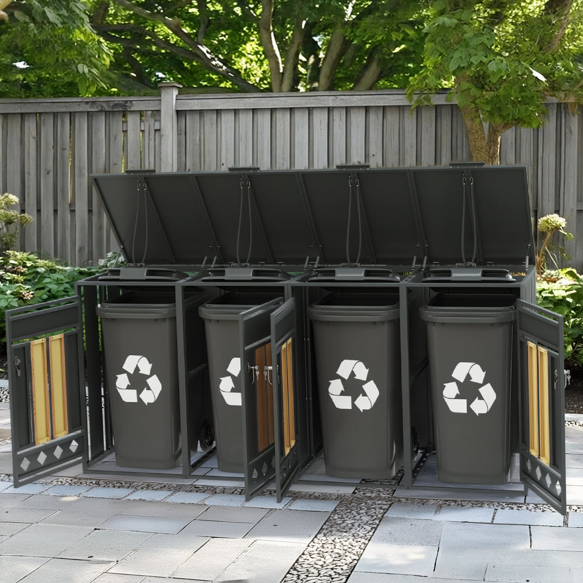 Bin Storage Unit with Hinged Lid, Lockable and 4 Doors, Wood Grain