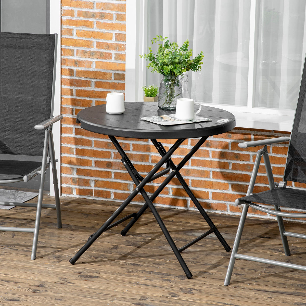 Garden Table Round Folding Ø80cm 4 People Wood Look Dark Grey