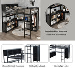Iron Loft Bed, Double Storage, Desk & Wardrobe, Black 140x200cm