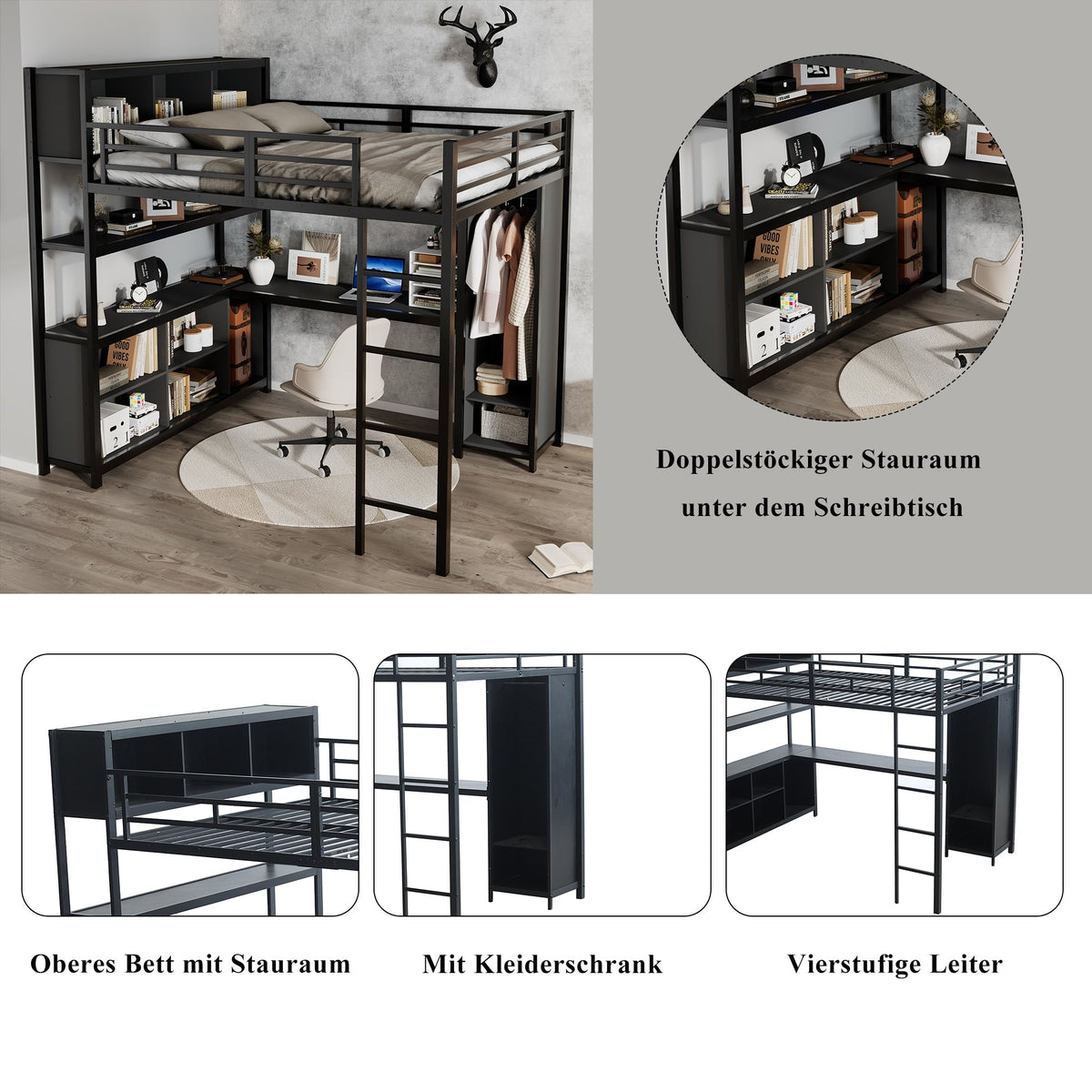 Iron Loft Bed, Double Storage, Desk & Wardrobe, Black 140x200cm