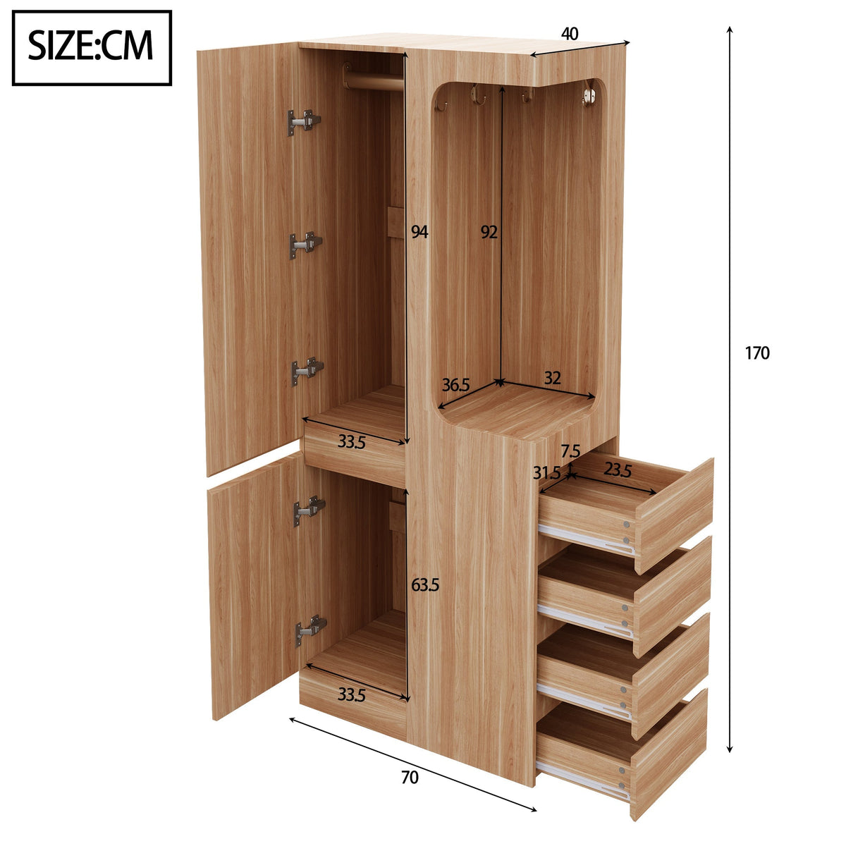 Wardrobe 70x40x170cm Drawers Single Door Open Storage - Wood Color
