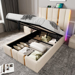 Upholstered Bed, USB-C LED Single with Storage, Beige Linen