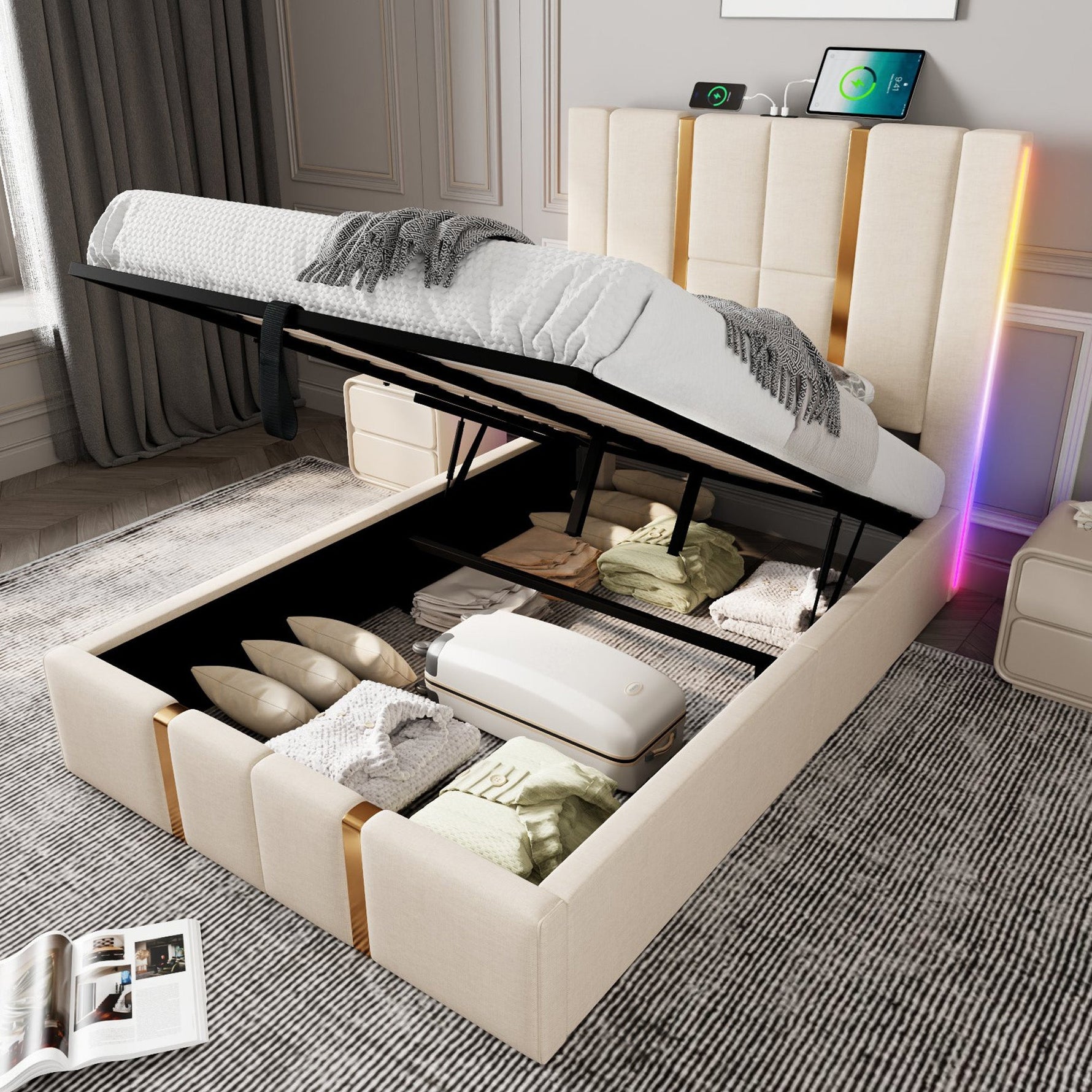 Upholstered Bed, USB-C LED Single with Storage, Beige Linen