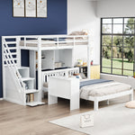 Children's Bunk Bed with Storage Stairs and Movable Side Table, 90x200cm and 140x200cm, White