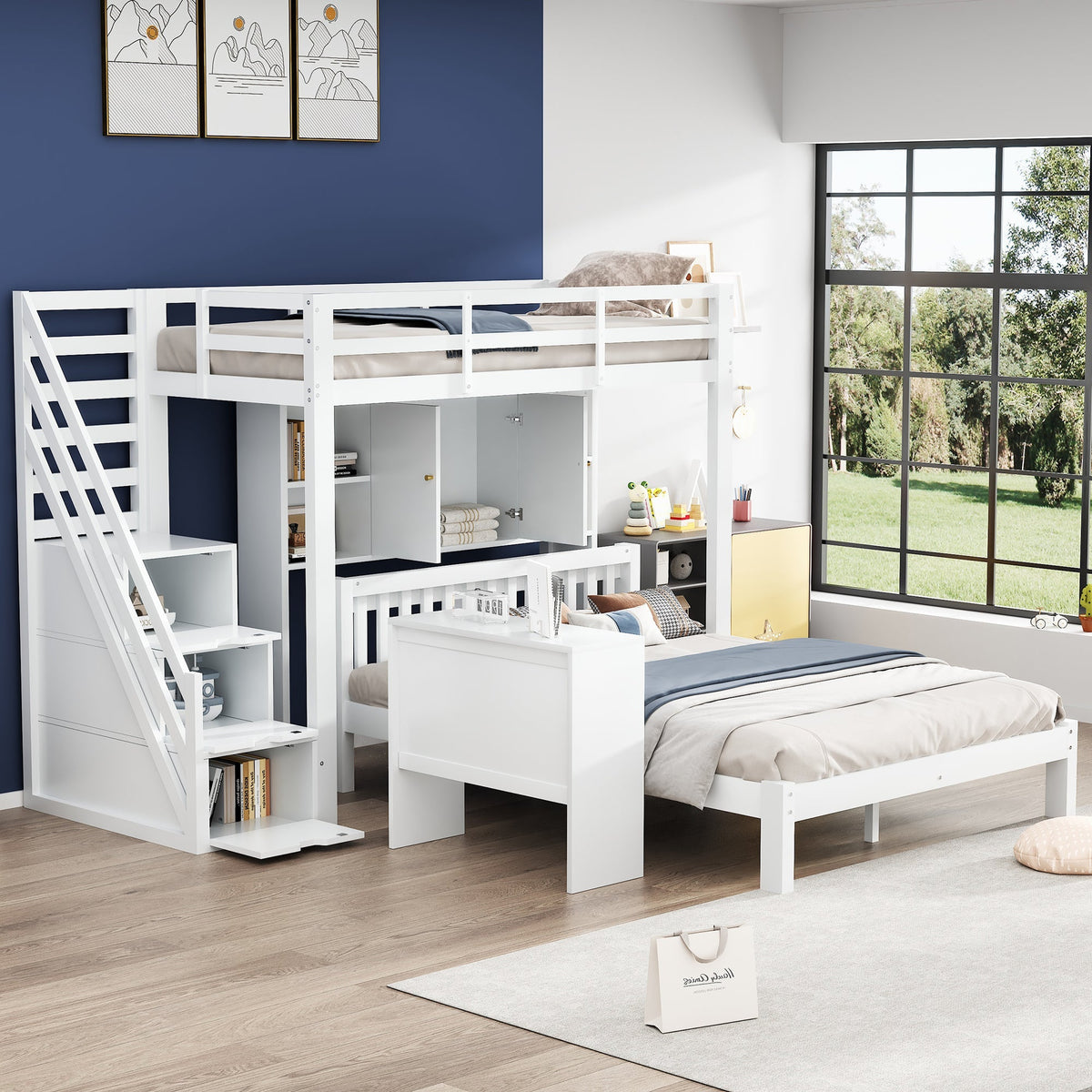 Children's Bunk Bed with Storage Stairs and Movable Side Table, 90x200cm and 140x200cm, White