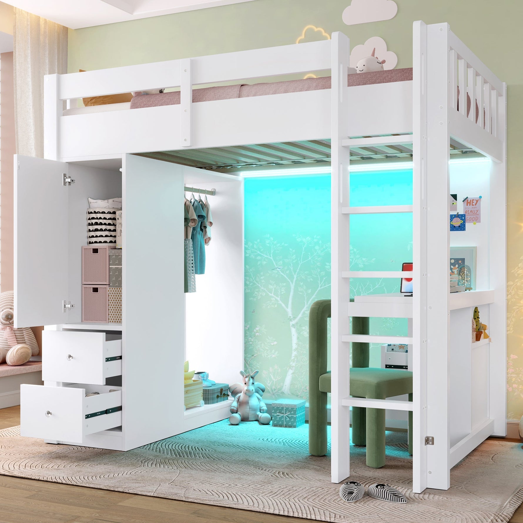 Loft Bed with Desk, Wardrobe, 4 Drawers, LED and USB, 90x200cm, White