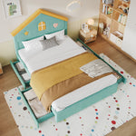 House Bed 140x200cm with 4 Drawers, Blue-Green Velvet