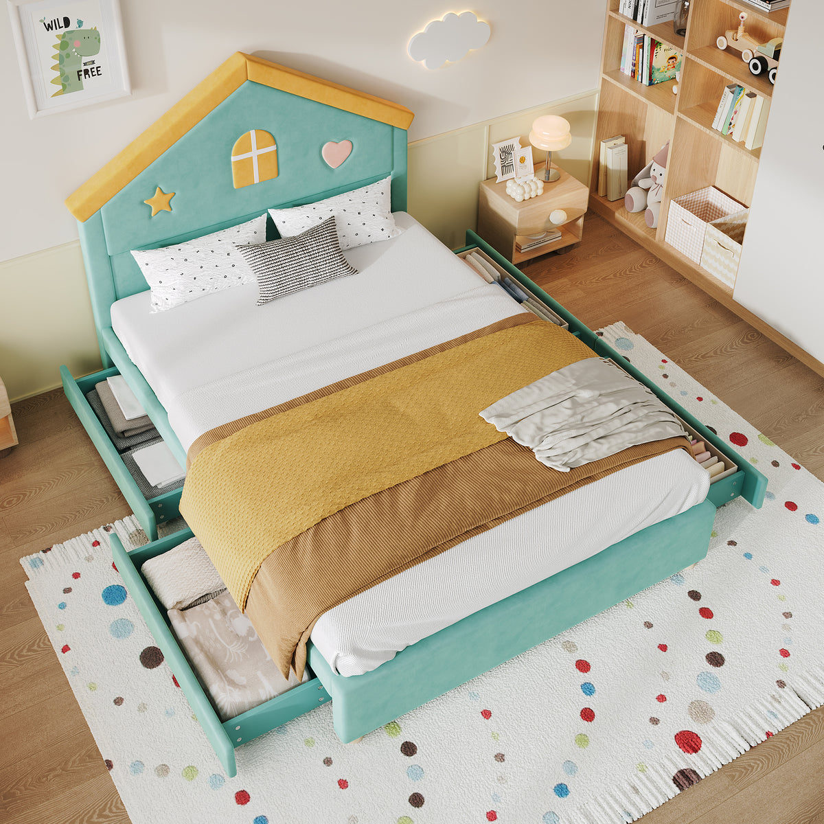 House Bed 140x200cm with 4 Drawers, Blue-Green Velvet