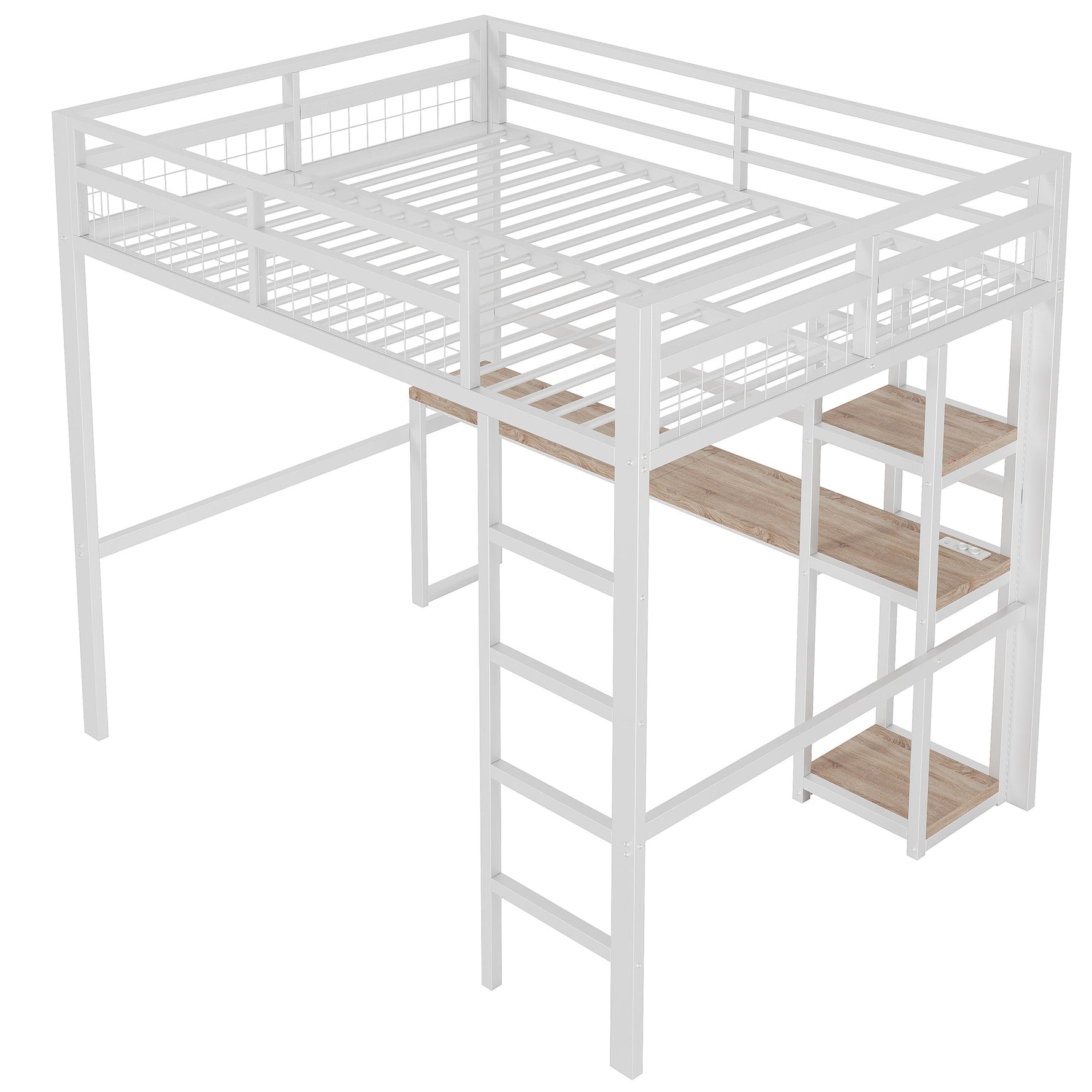 Loft Bed 140x200cm Desk Power/USB-C Shelves Stepladder - White Iron Frame