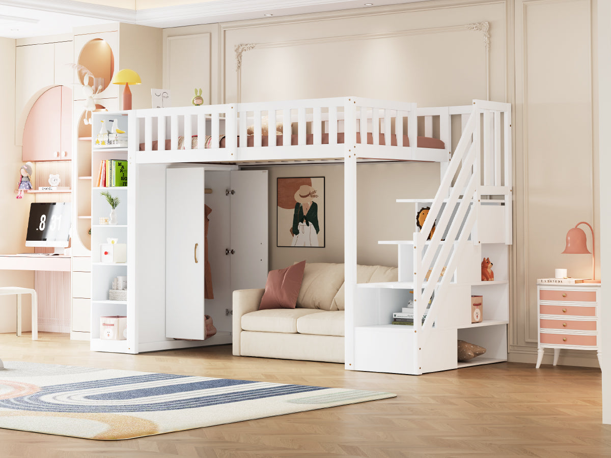 Loft Bed 90x200cm with Wardrobe Storage Cabinet Shelves & Ladder - White