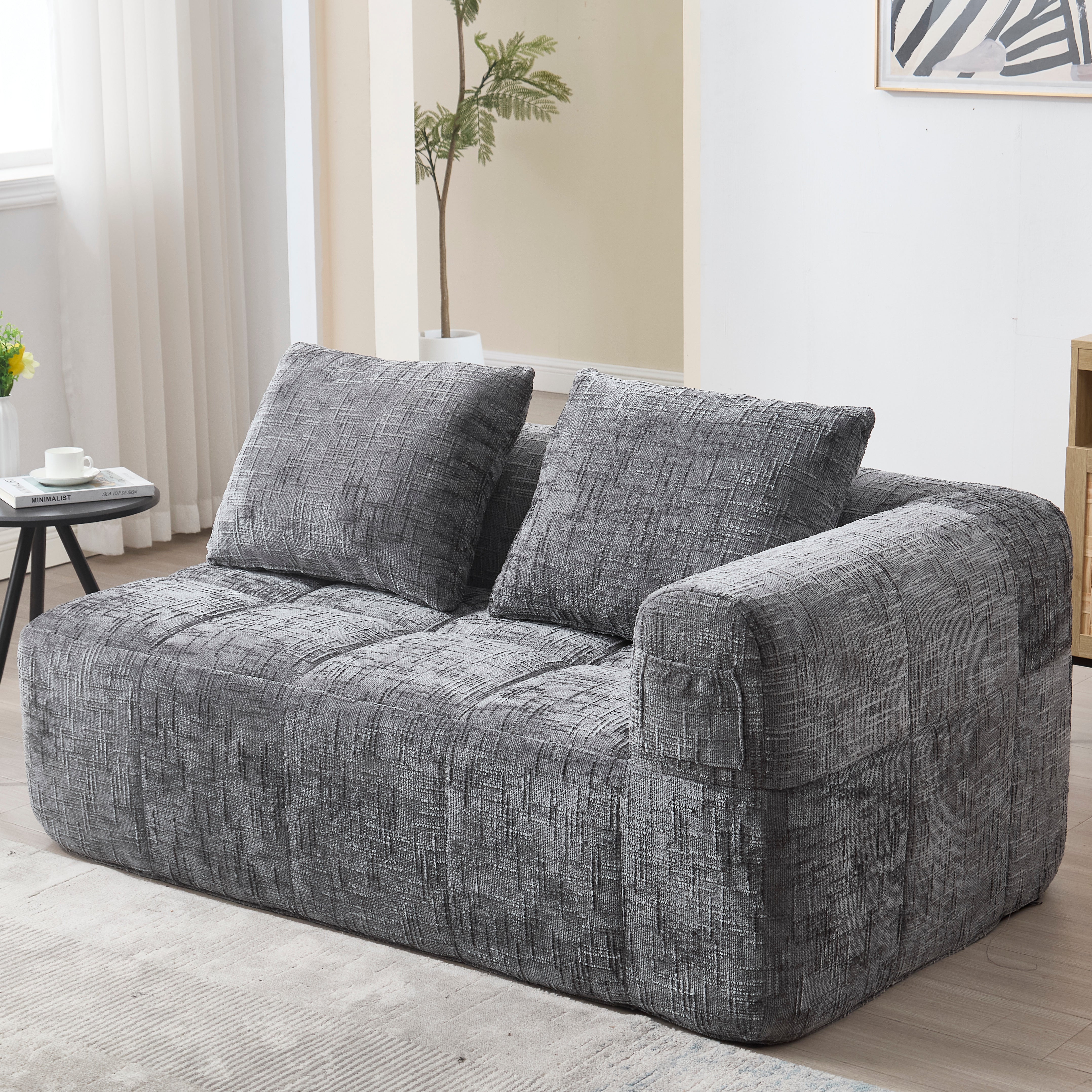 Sofa, Plush 2-Person No Assembly Side Pockets, Grey