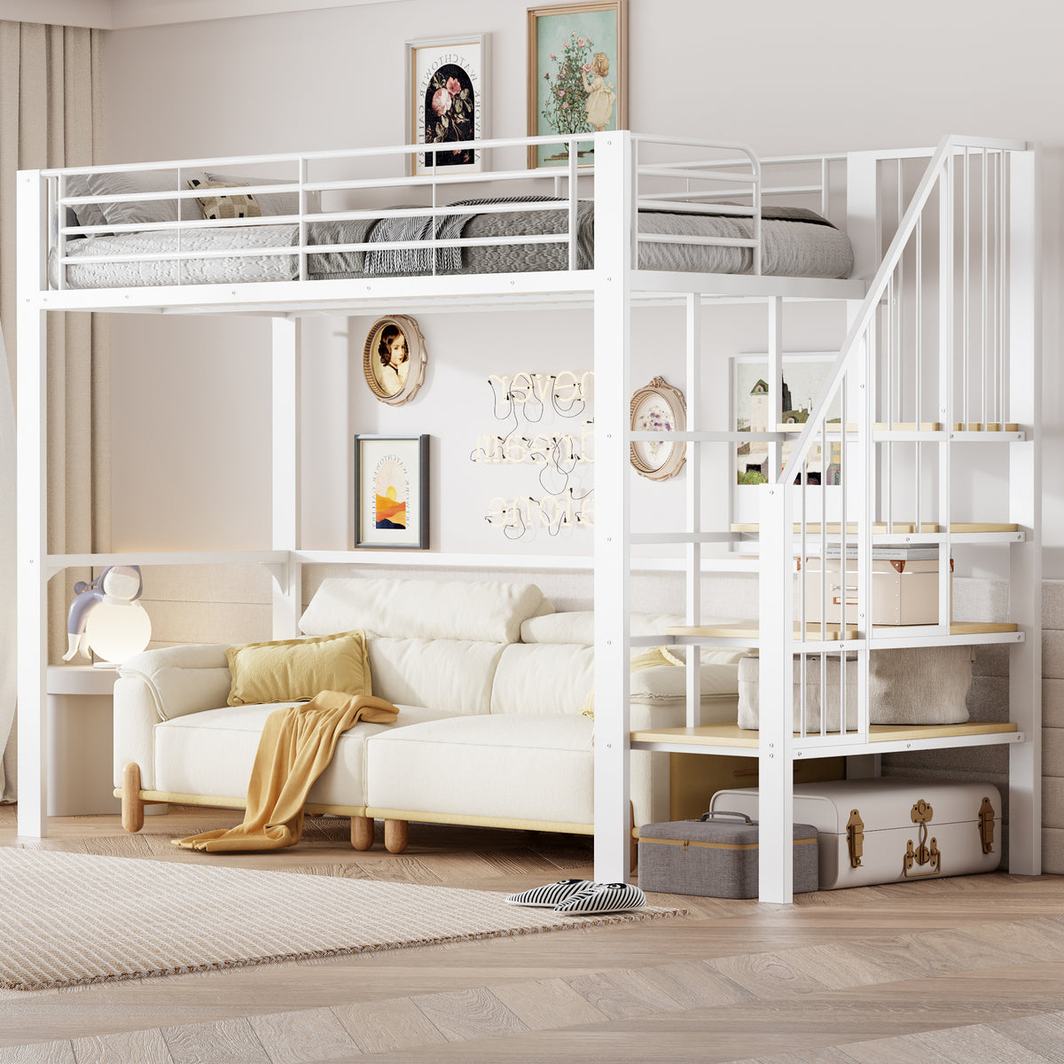 Loft Bed 90x200 cm with Storage Space & Stairs, Metal