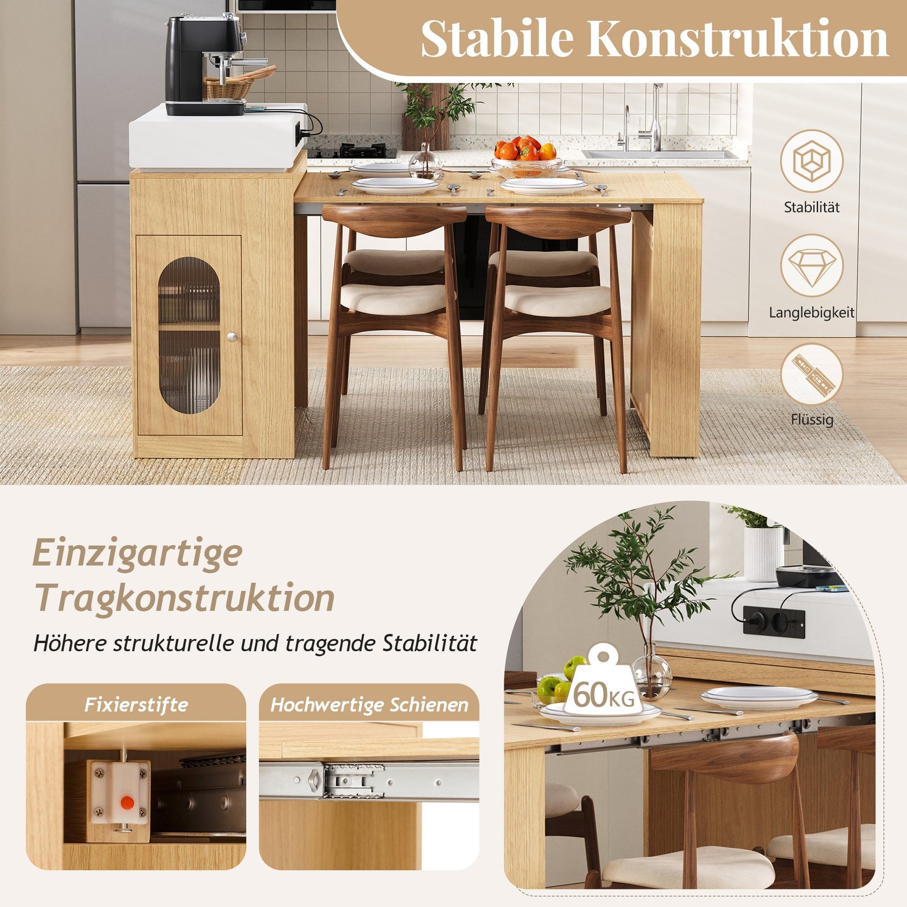 Kitchen Island on Wheels Extendable Dining Table Power Strips & Hooks - Natural