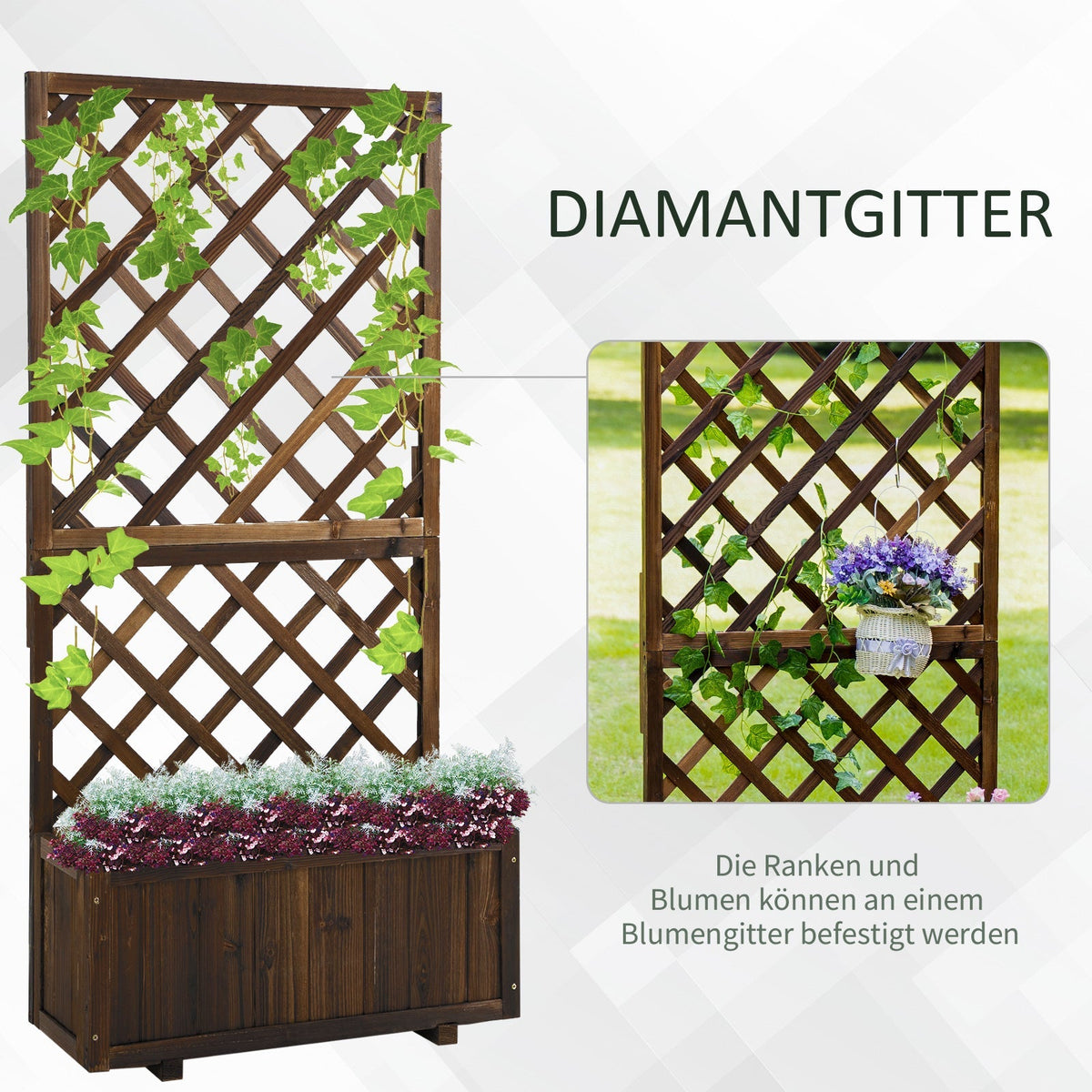 Raised Garden Bed with Trellis Flower Box, 72.5x31.5x149.5cm, Wooden