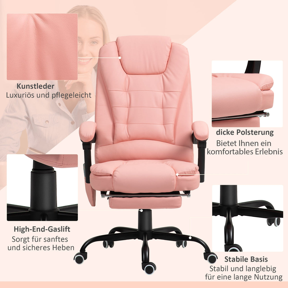 Office Chair, 7-Point Massage Reclining Height-Adjustable 120 kg Capacity, Pink