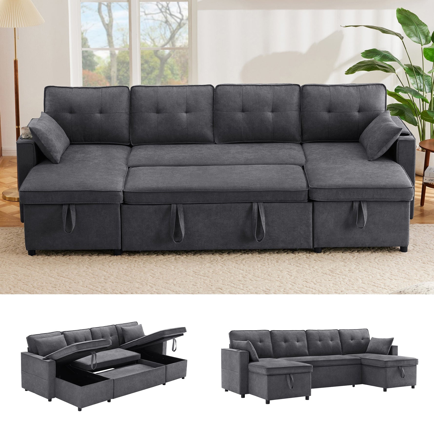 Sleeper Sofa U-Shaped with Storage & Cup Holders, Cotton and Linen Fabric