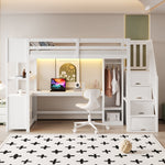 Wooden Loft Bed with Wardrobe, Desk, Storage Stairs, LED and Sockets, 90x200cm, White Pine + MDF