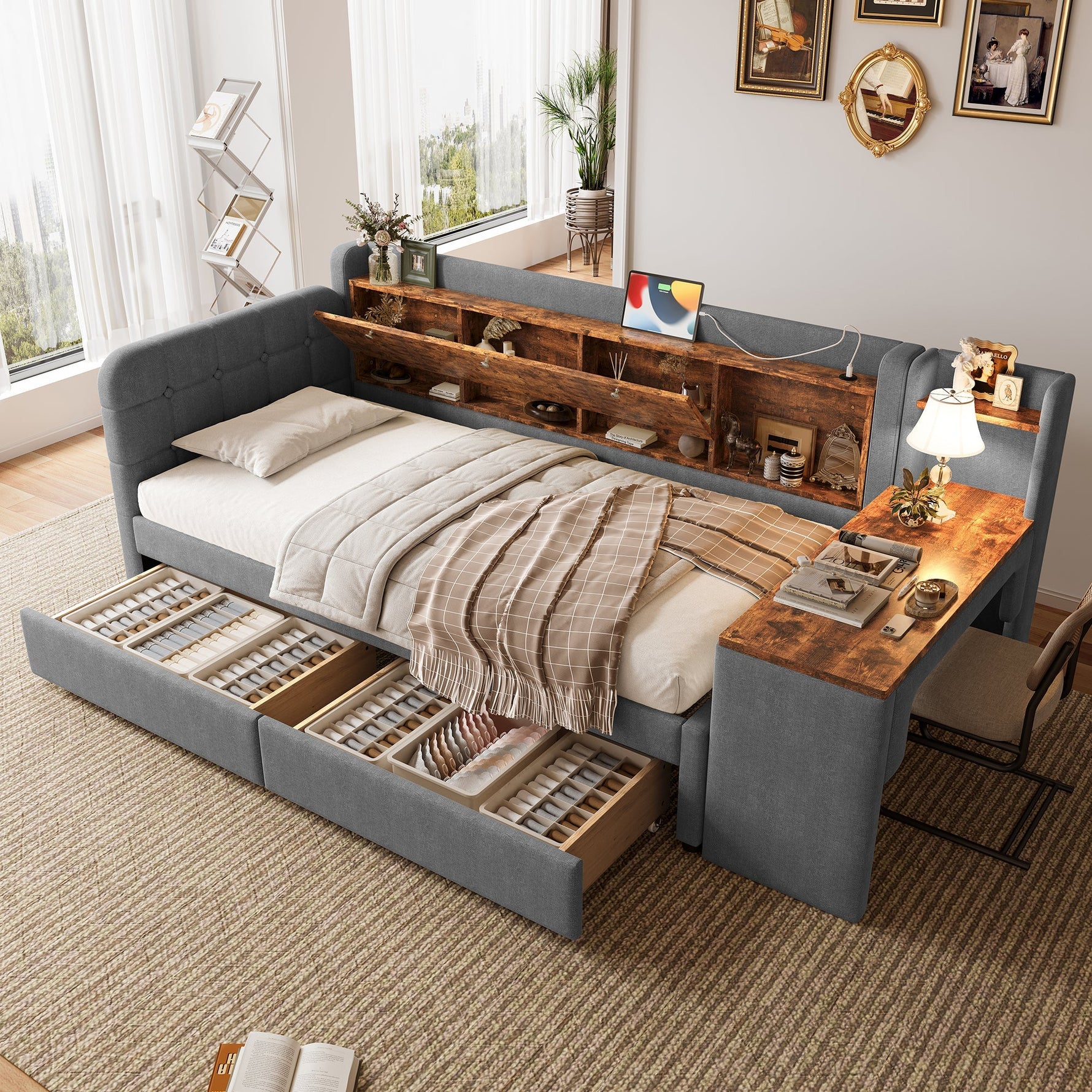 Daybed with Desk and USB Charging, 2 Drawers and Storage Compartments, Grey Linen