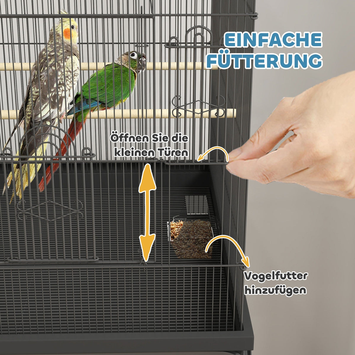 Large Bird Cage Tray Shelf Feeding Station Wheels Steel Black