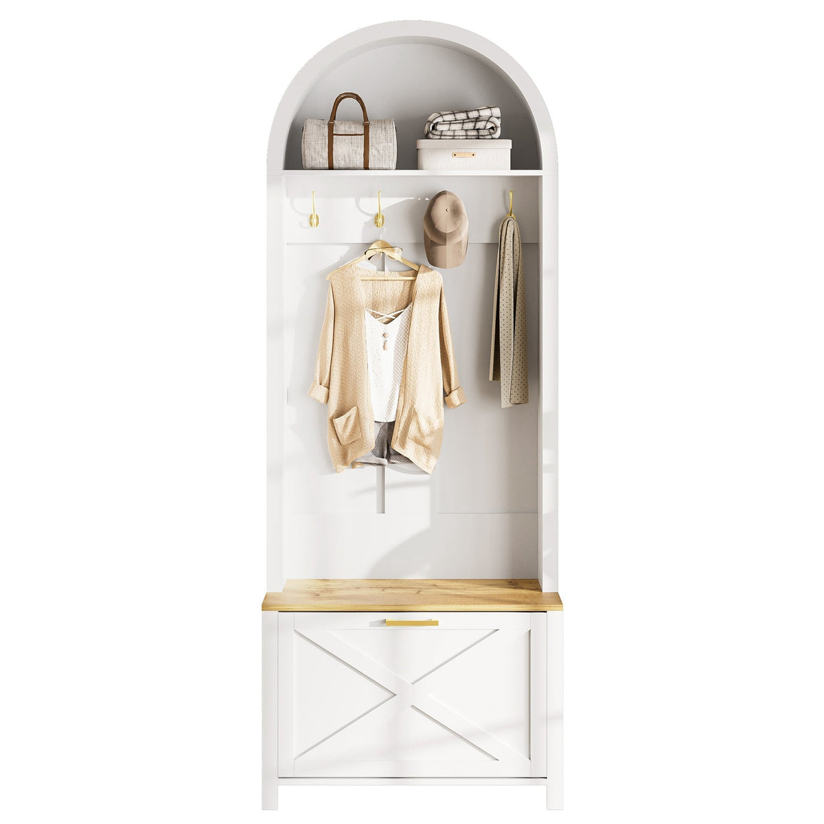 Multifunctional Wardrobe Hall Tree with Shoe Rack, Shelf & Hooks, MDF