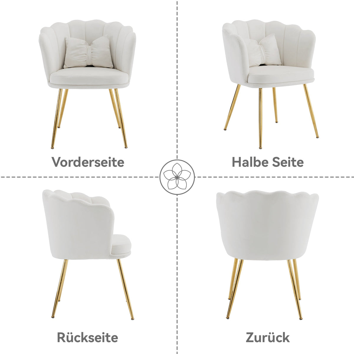 Chairs, 4 Modern Velvet Petal Back Upholstered with Gold Metal Legs and Butterfly Cushions, Velvet