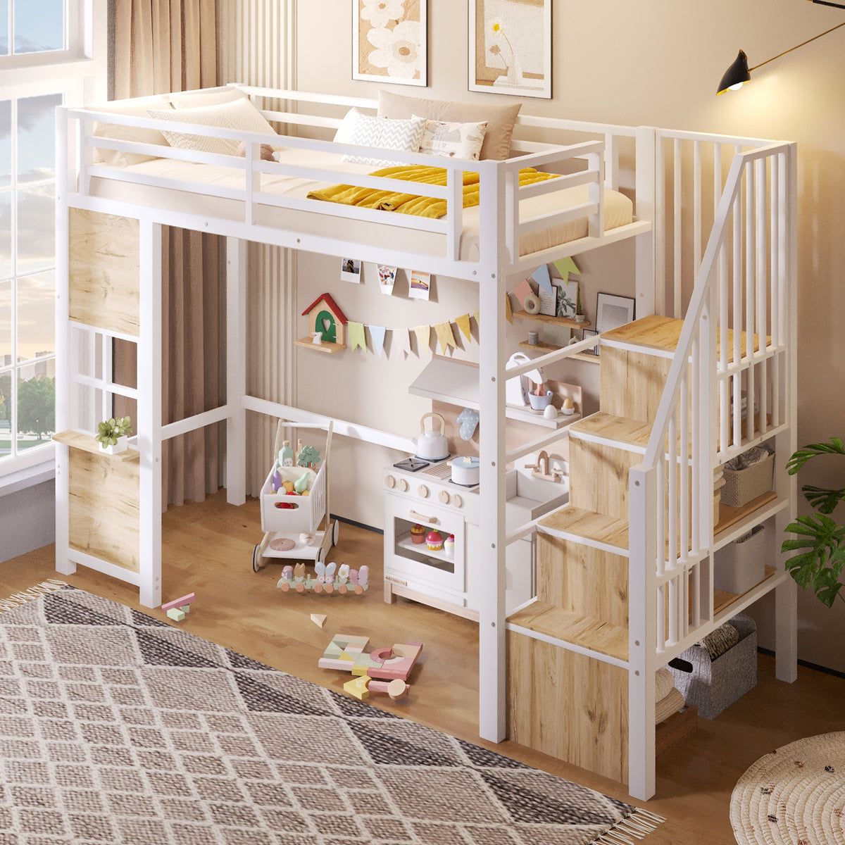 Loft Bed 90x200cm with Storage Ladder - White Iron Frame