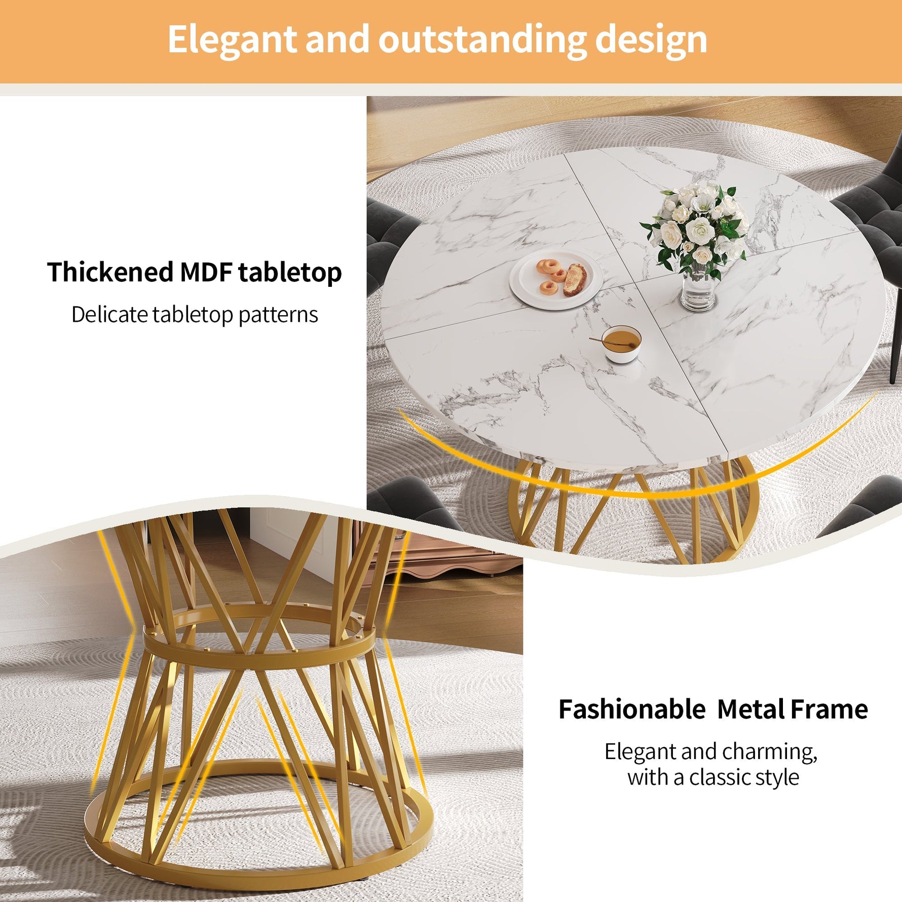 Round Dining Table 100cm 4-Seater MDF Marble Top Gold