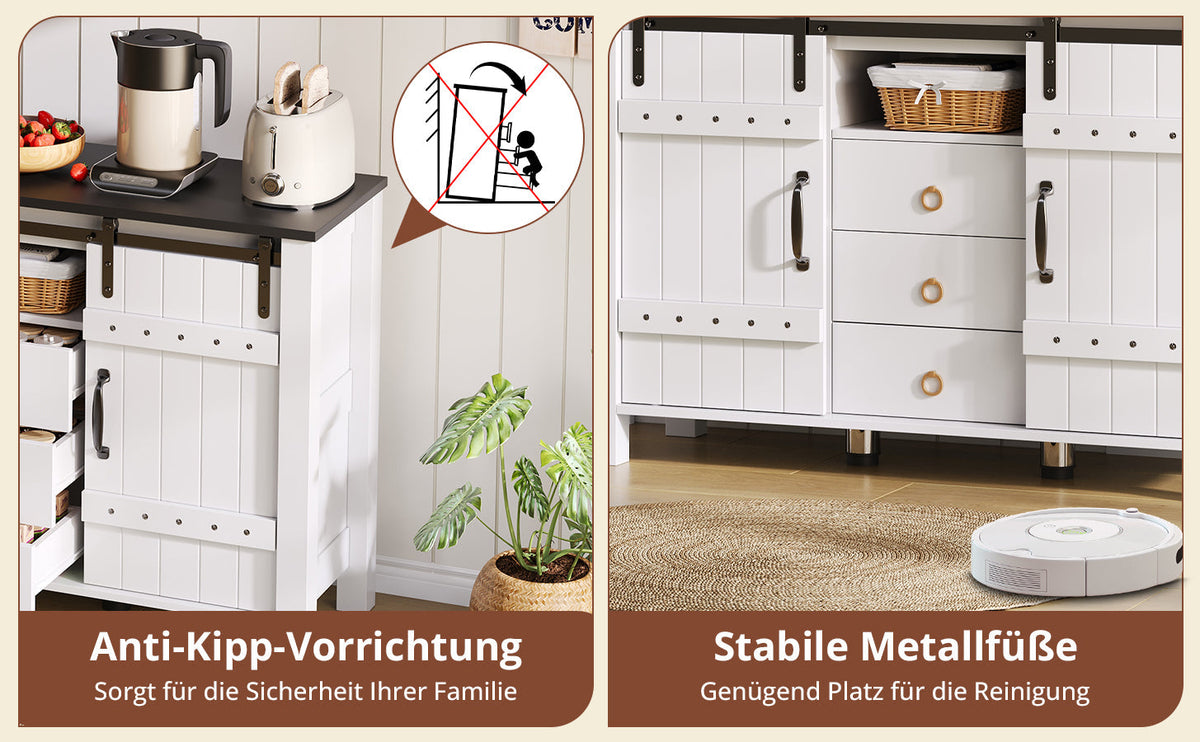 Sideboard Buffet 120cm Sliding Doors 3 Drawers - Rustic White