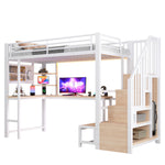 Loft Bed 90x200cm with Desk, LED Lighting & Storage - White