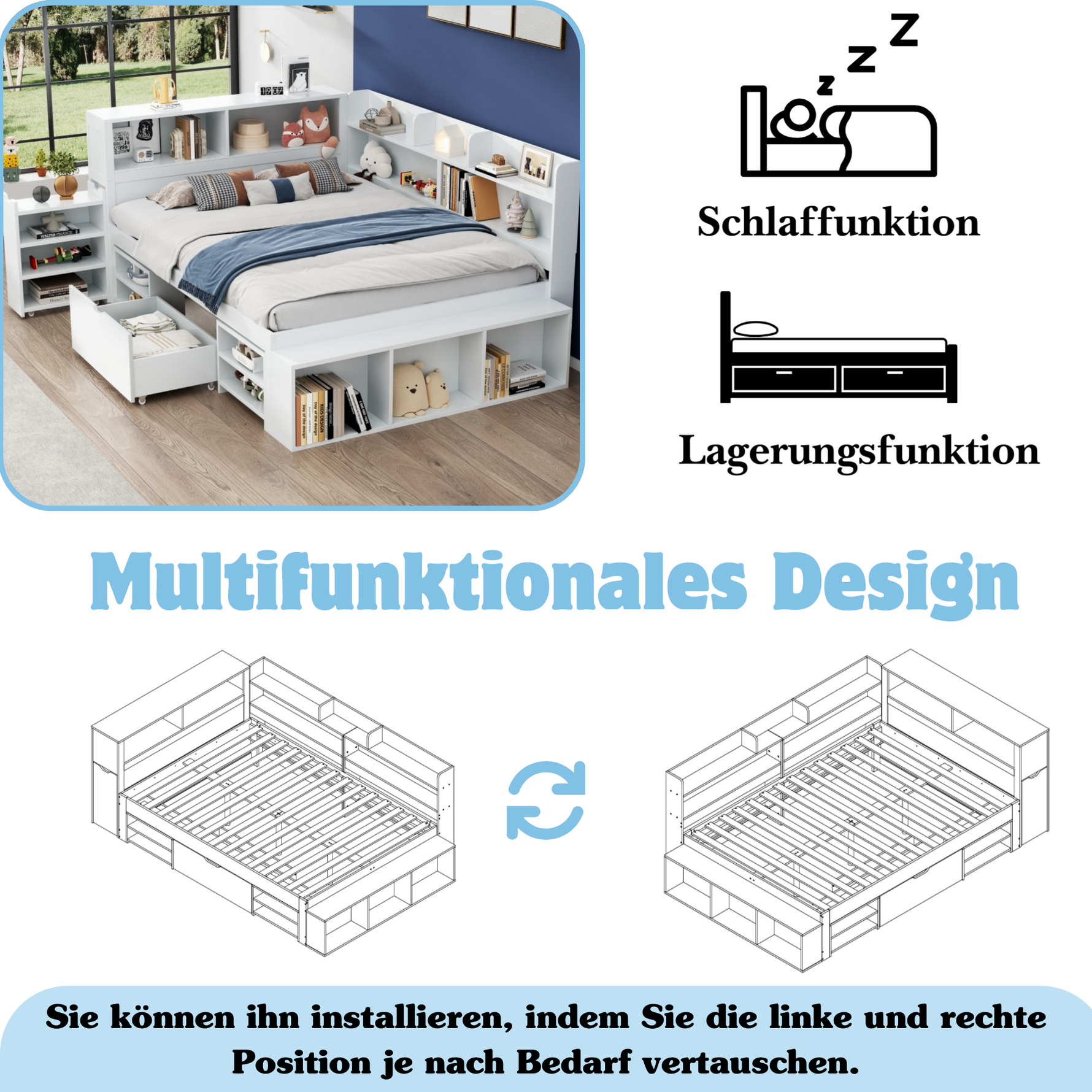 Children's Single Bed 140x200cm Storage Drawers Bookshelf White