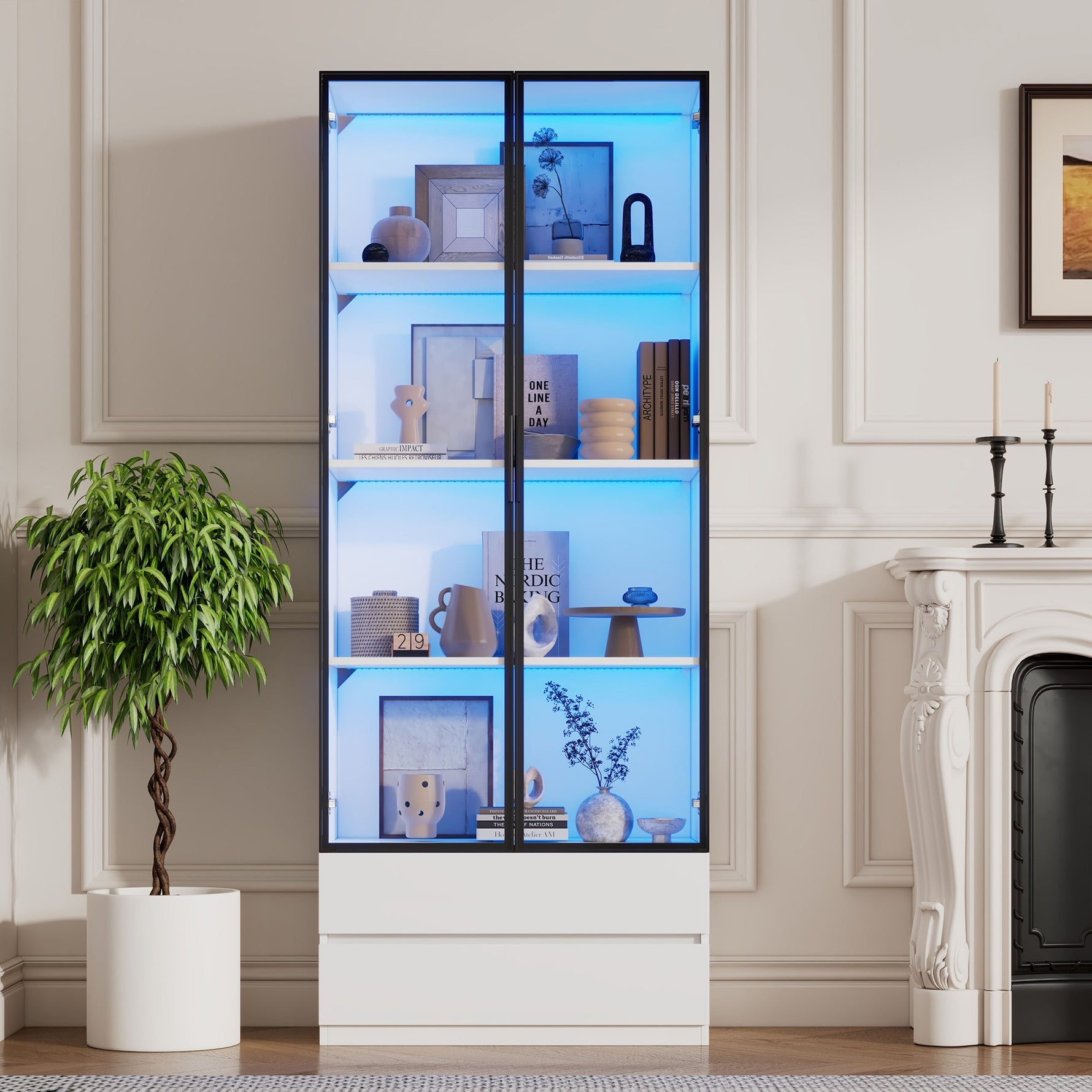 Display Cabinet 80x34x200cm Tall with LED Lights 2 Doors Aluminum Frame White