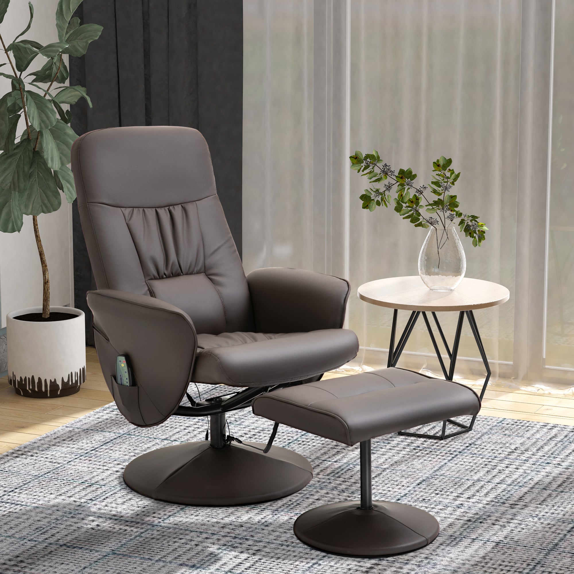 TV Armchair 2-piece Reclining 360° Swivel 10 Massage Points, Faux Leather Brown