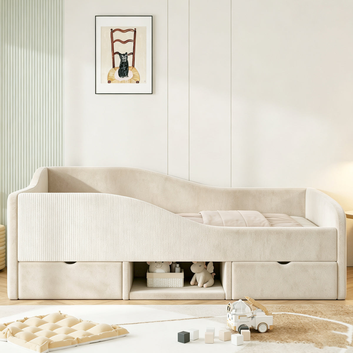 Upholstered Children's Bed 90x190 with 2 Drawers, Beige Velvet