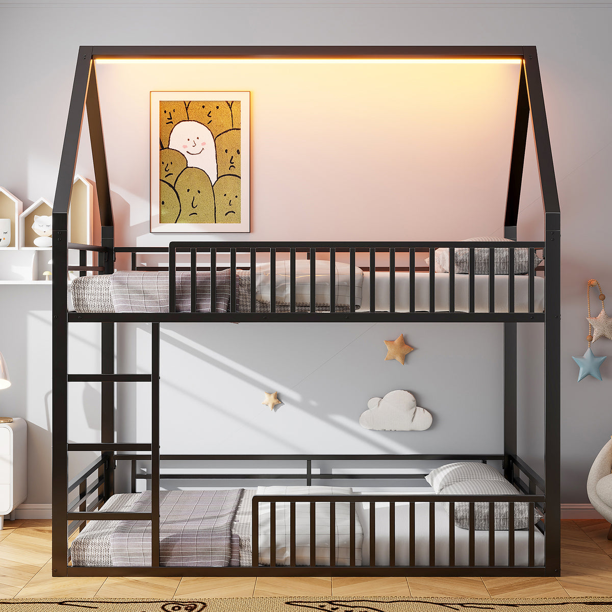House-Shaped Bunk Bed 140x200 with Fence & LED Light, Black