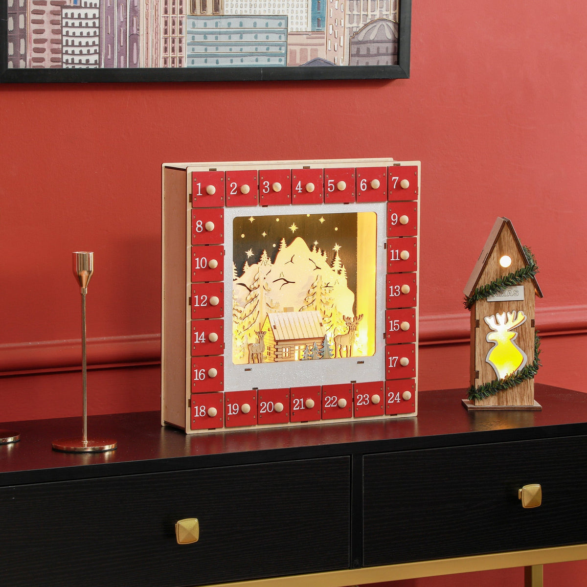 Advent Calendar, 24 Drawers with LED Lights, Red MDF