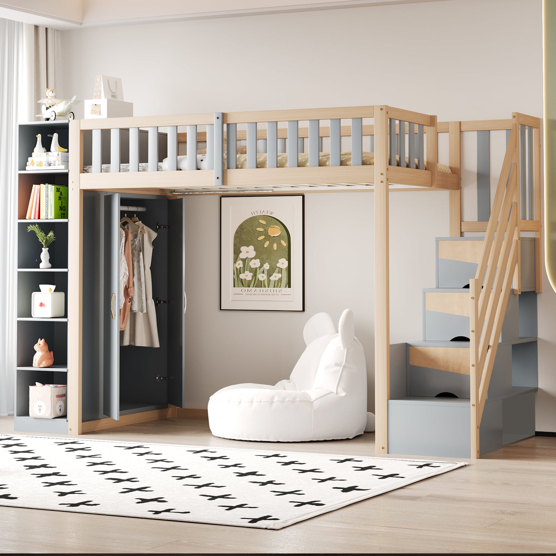 Loft Bed, Multifunctional with Shelves, Storage & Wardrobe, Grey + Raw Wood