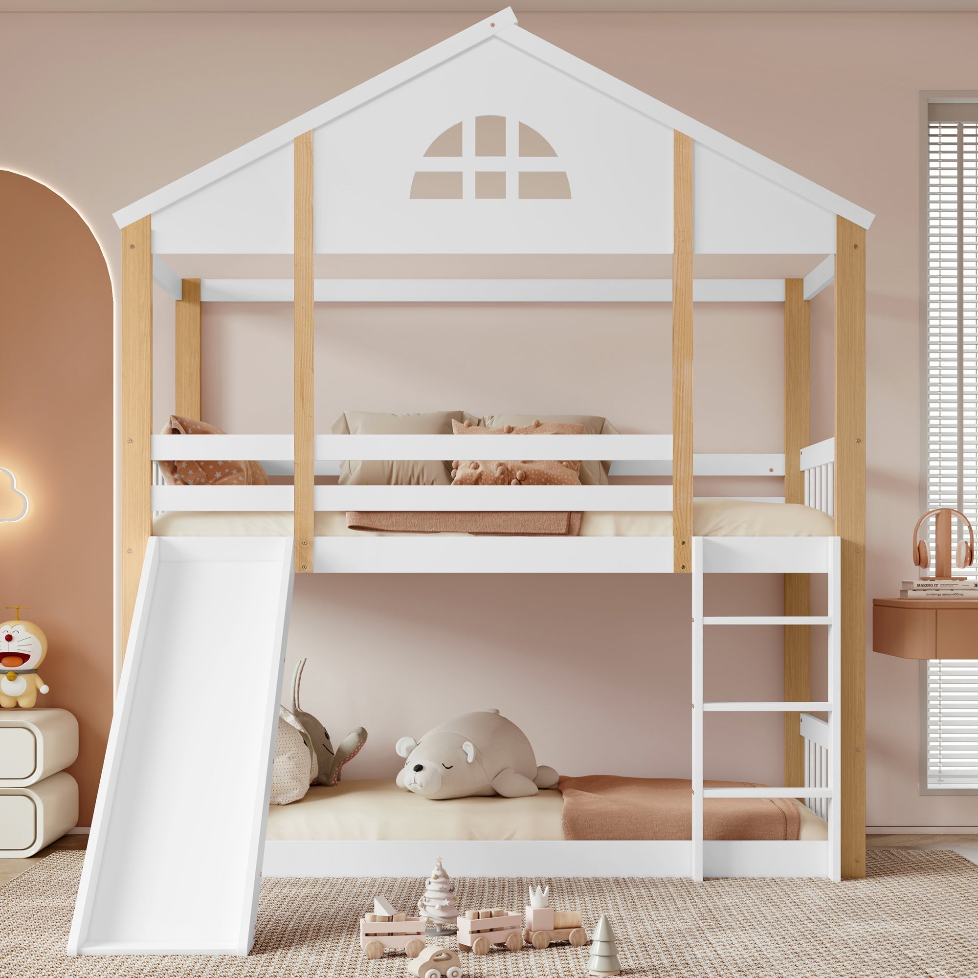 Bunk Bed with Slide & Ladder, House Bed with Fences, Solid Wood, White+Natural, 90x200cm