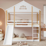 Bunk Bed with Slide & Ladder, House Bed with Fences, Solid Wood, White+Natural, 90x200cm
