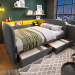 Upholstered Daybed with LED, USB-C and 2 Drawers, 140x190cm, Grey Linen