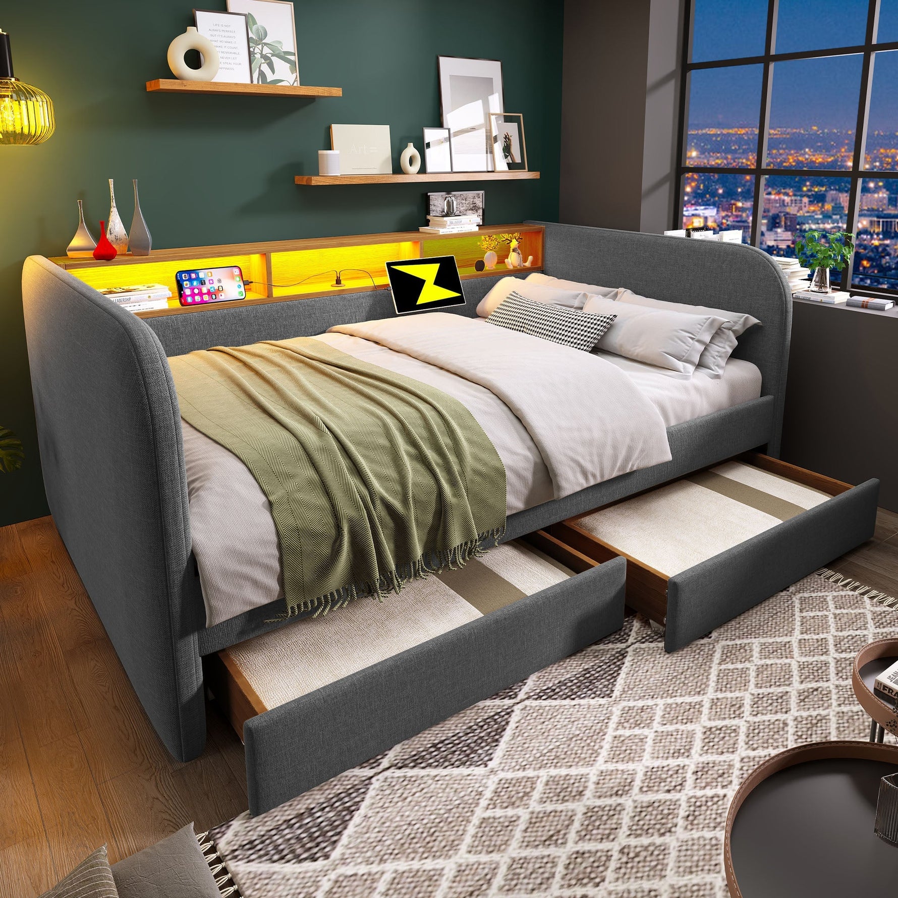 Upholstered Daybed with LED, USB-C and 2 Drawers, 140x190cm, Grey Linen