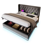 Upholstered Double Bed with Hydraulic Storage, USB Charging and LED, 180x200cm, Grey Cotton