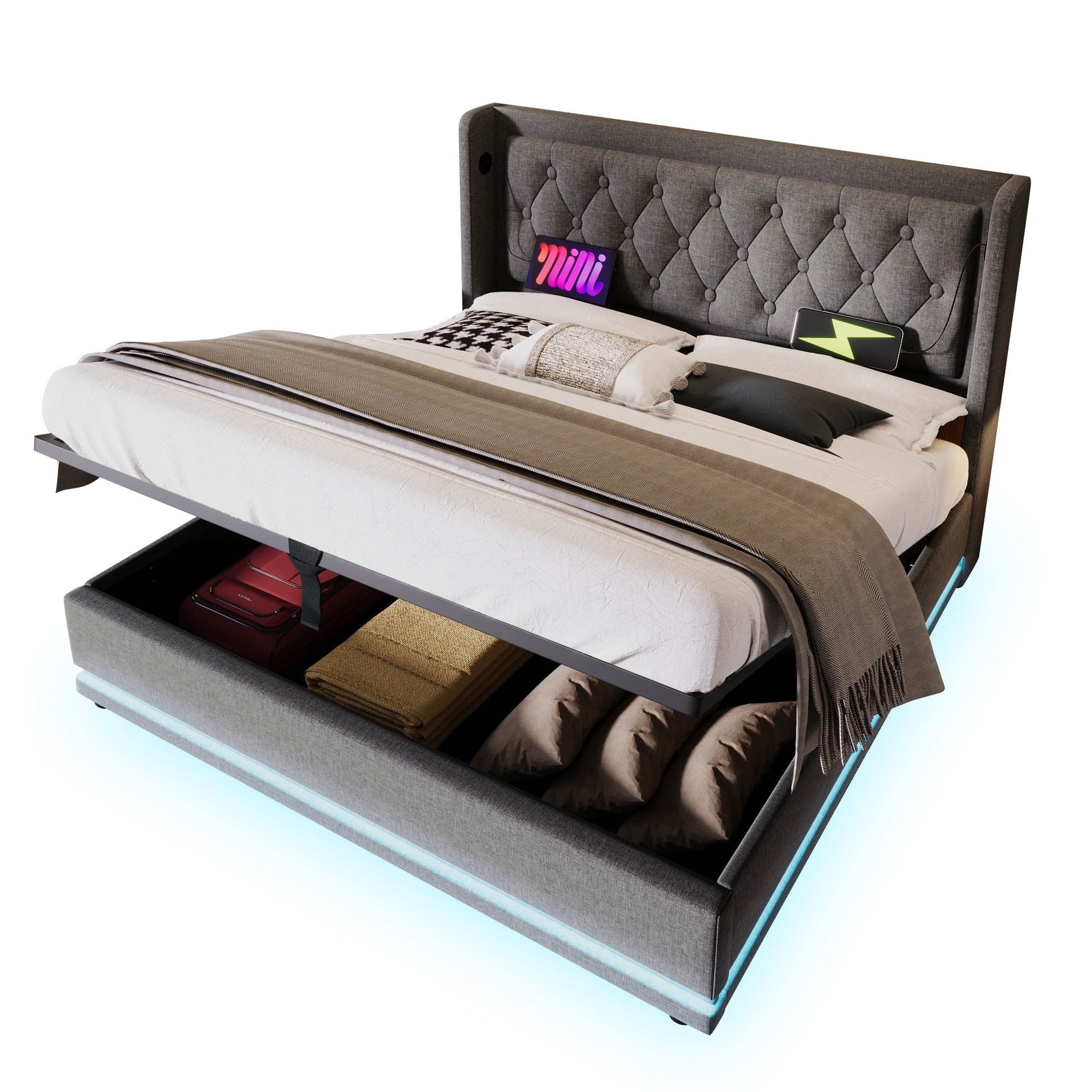 Upholstered Double Bed with Hydraulic Storage, USB Charging and LED, 180x200cm, Grey Cotton