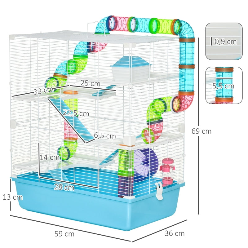 Small Animal Cage, 5-Level with Exercise Wheel, Light Blue + White Plastic