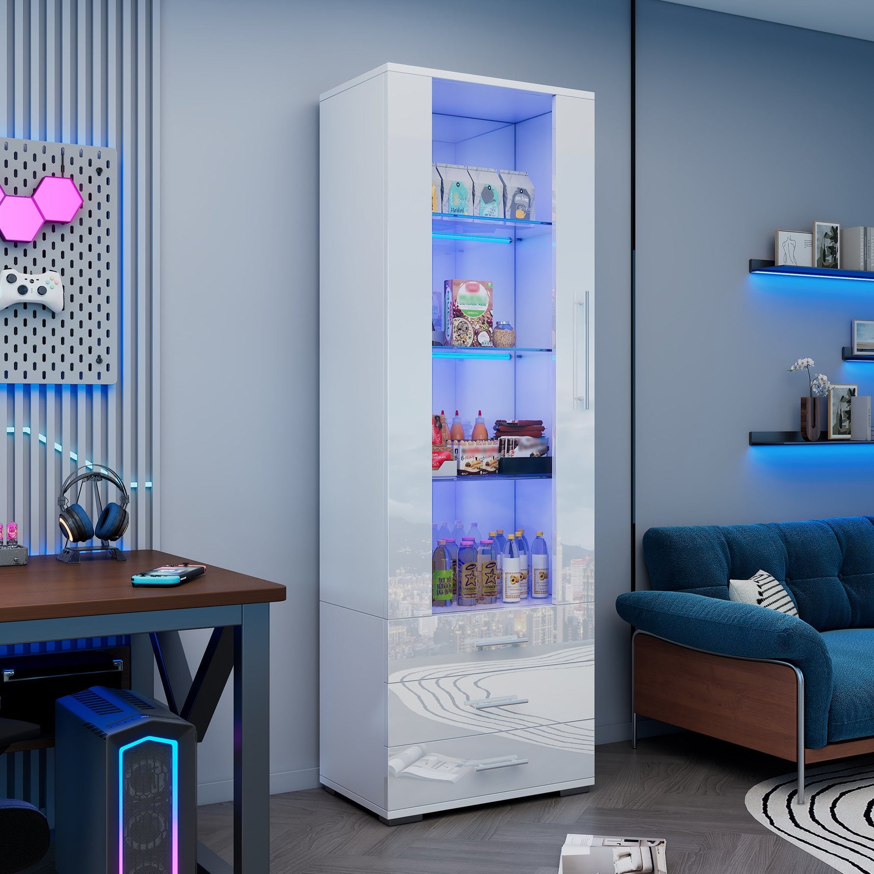 Display Cabinet Freestanding LED Glass 3 Drawers 60x35x180cm, High-Gloss White