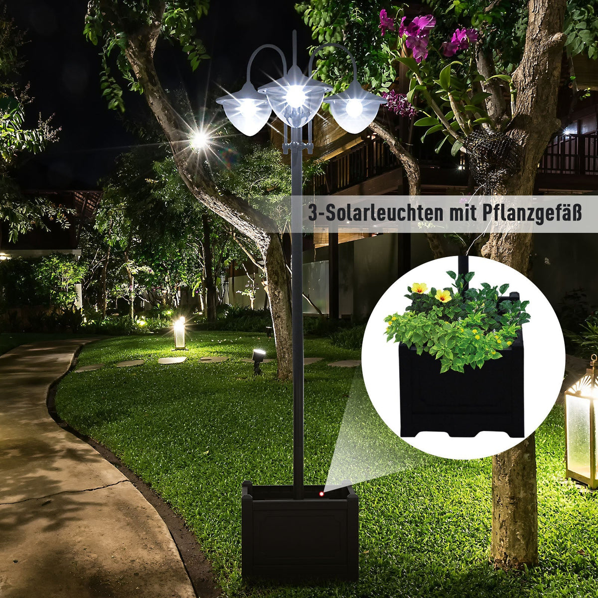 Solar Lantern 3-Piece Set, Floor Lamp Waterproof IP44 Flower Pot Base, Metal Black