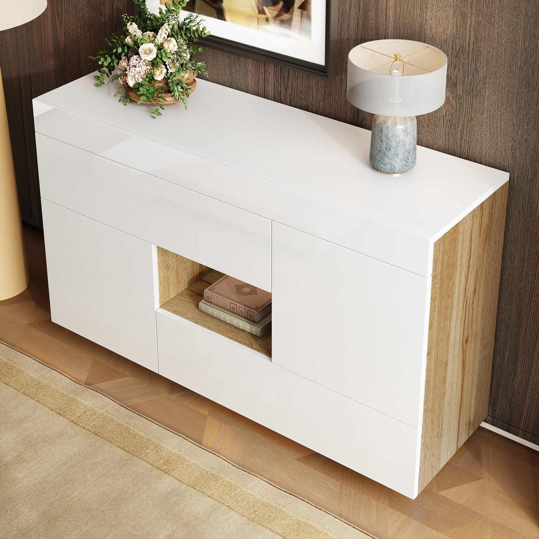 Sideboard, High-Gloss Display Cabinet with LED Lighting & Drawers, White