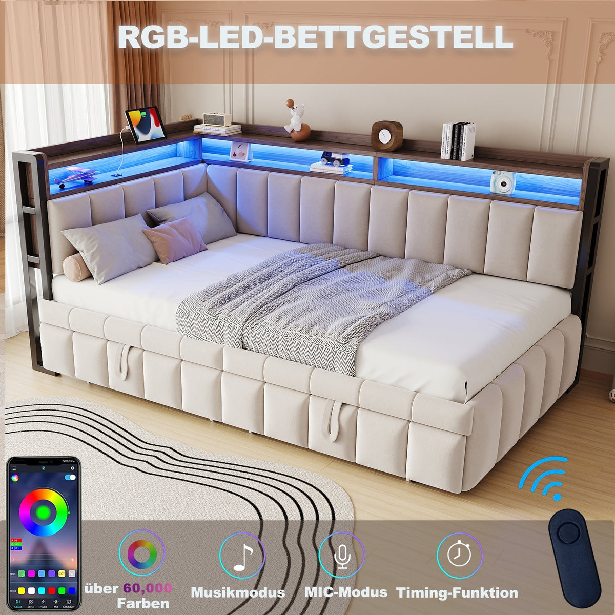 Upholstered Sofa Bed 90x200cm Pull-Out LED Storage USB/Type-C Beige Velvet