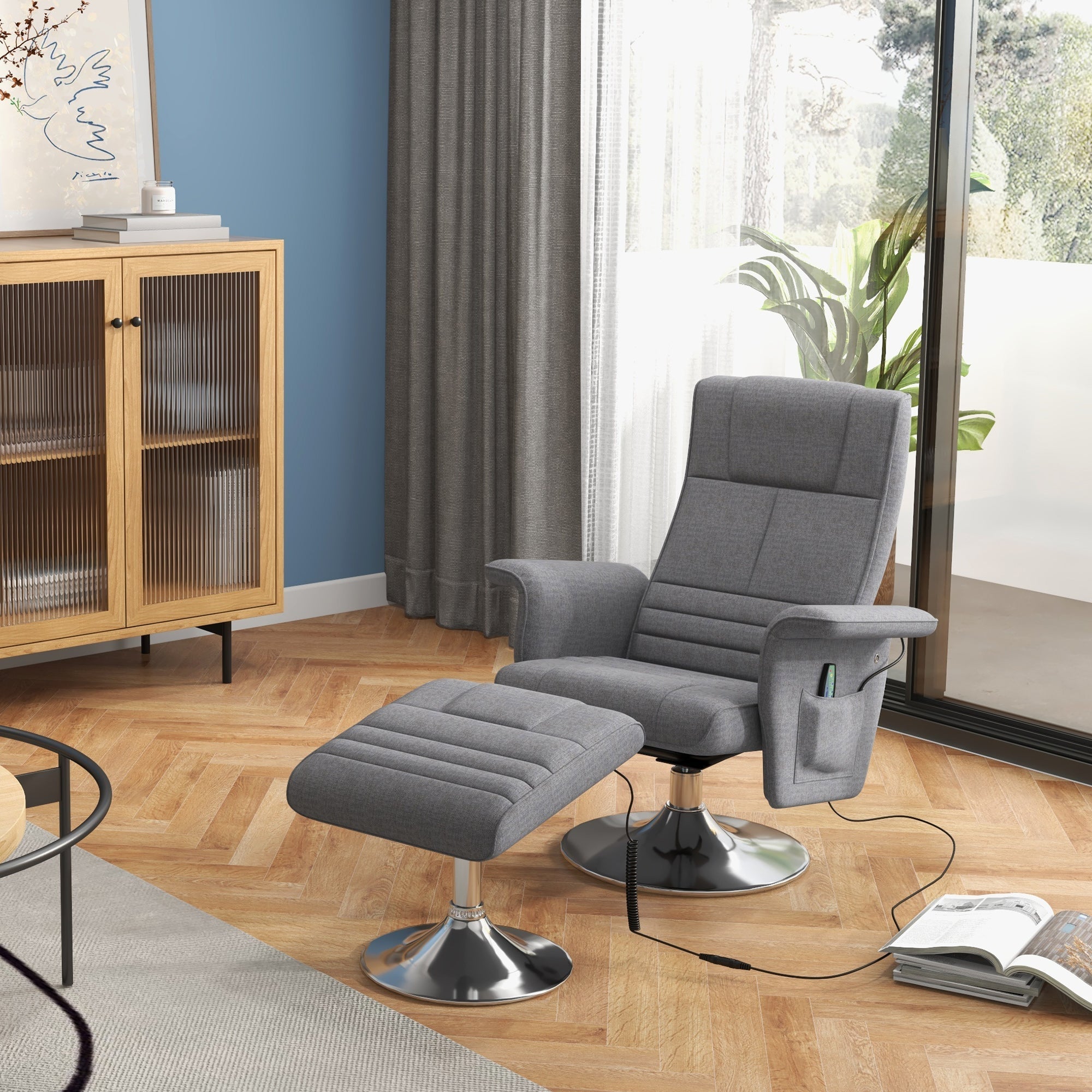 Electric Recliner Chair with Footstool, Reclining Function, Vibration Massage, Remote Control, Linen Look Dark Gray
